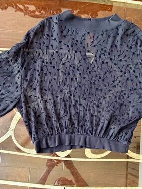 Zara Navy Floral Burnout Sheer Pullover